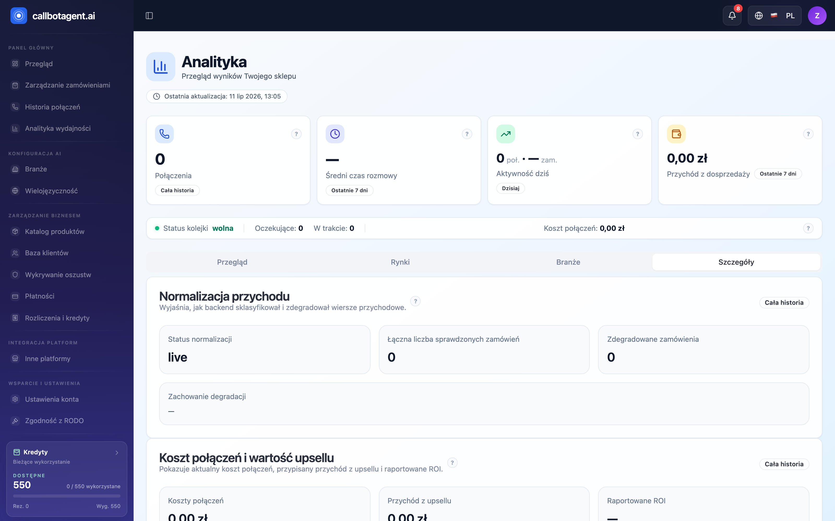 Analytics — Details tab (revenue normalization)