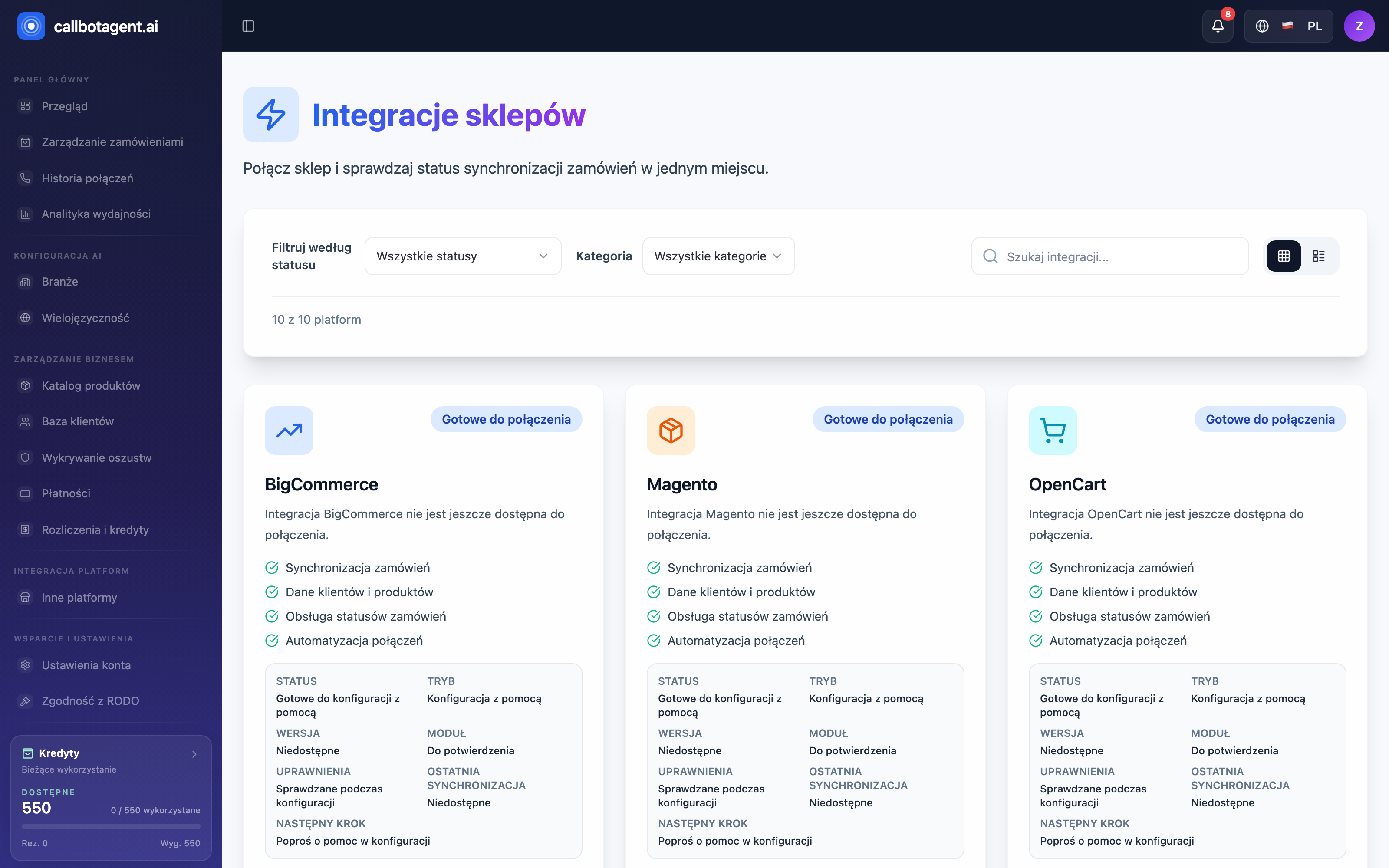 Store Integrations module: platform cards and connection status