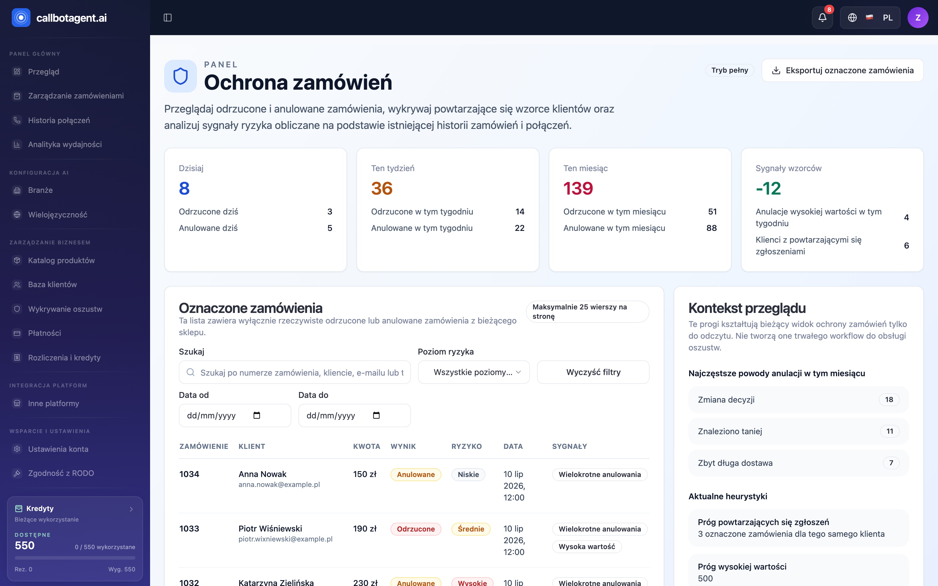 Moduł Ochrona zamówień (wykrywanie oszustw)