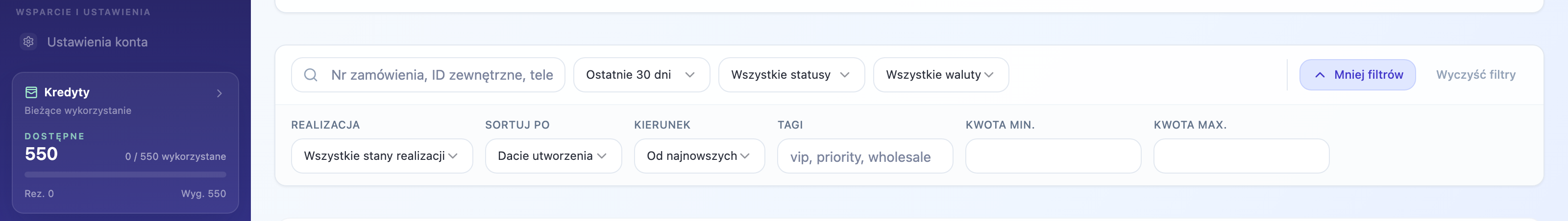 Filtry zamówień