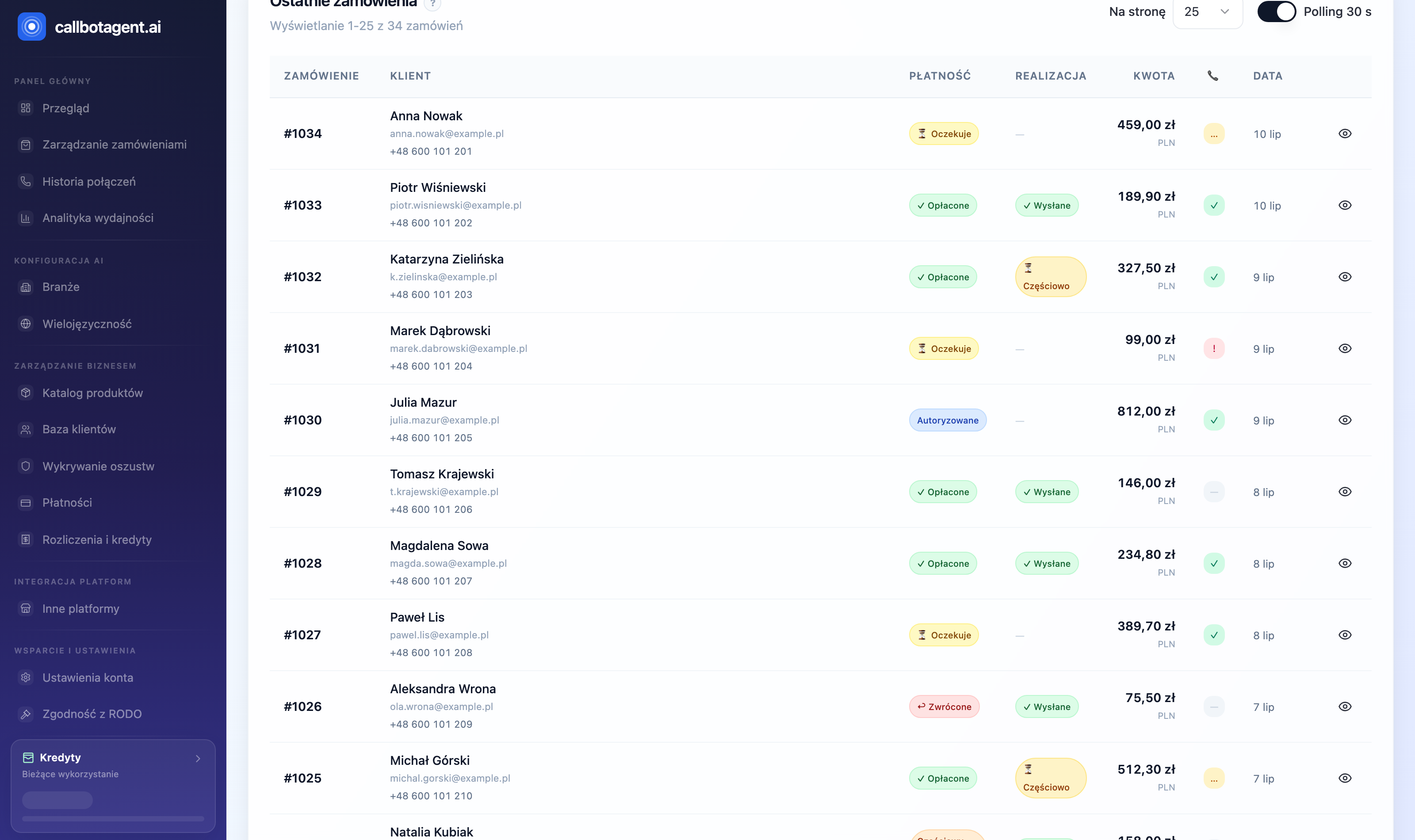 Order list in CallBotAgent panel