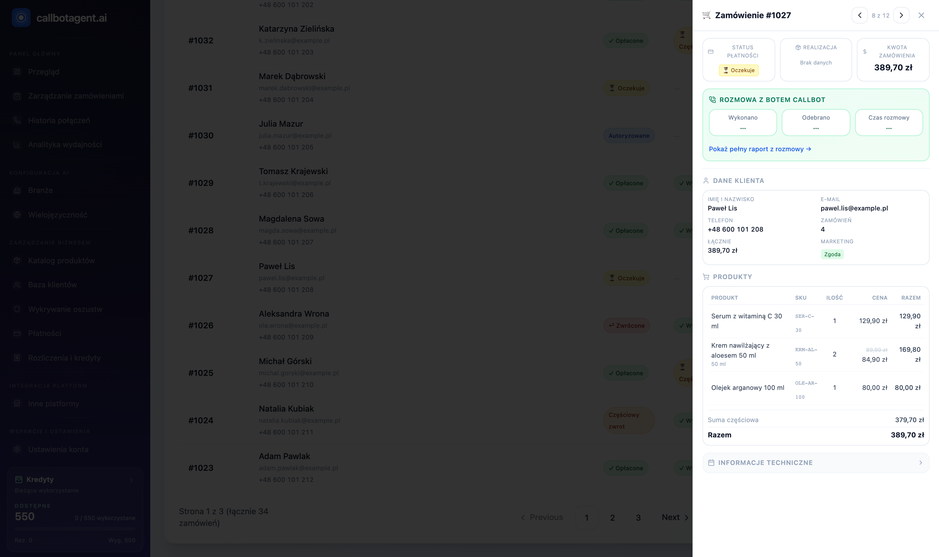 Order details with bot conversation section