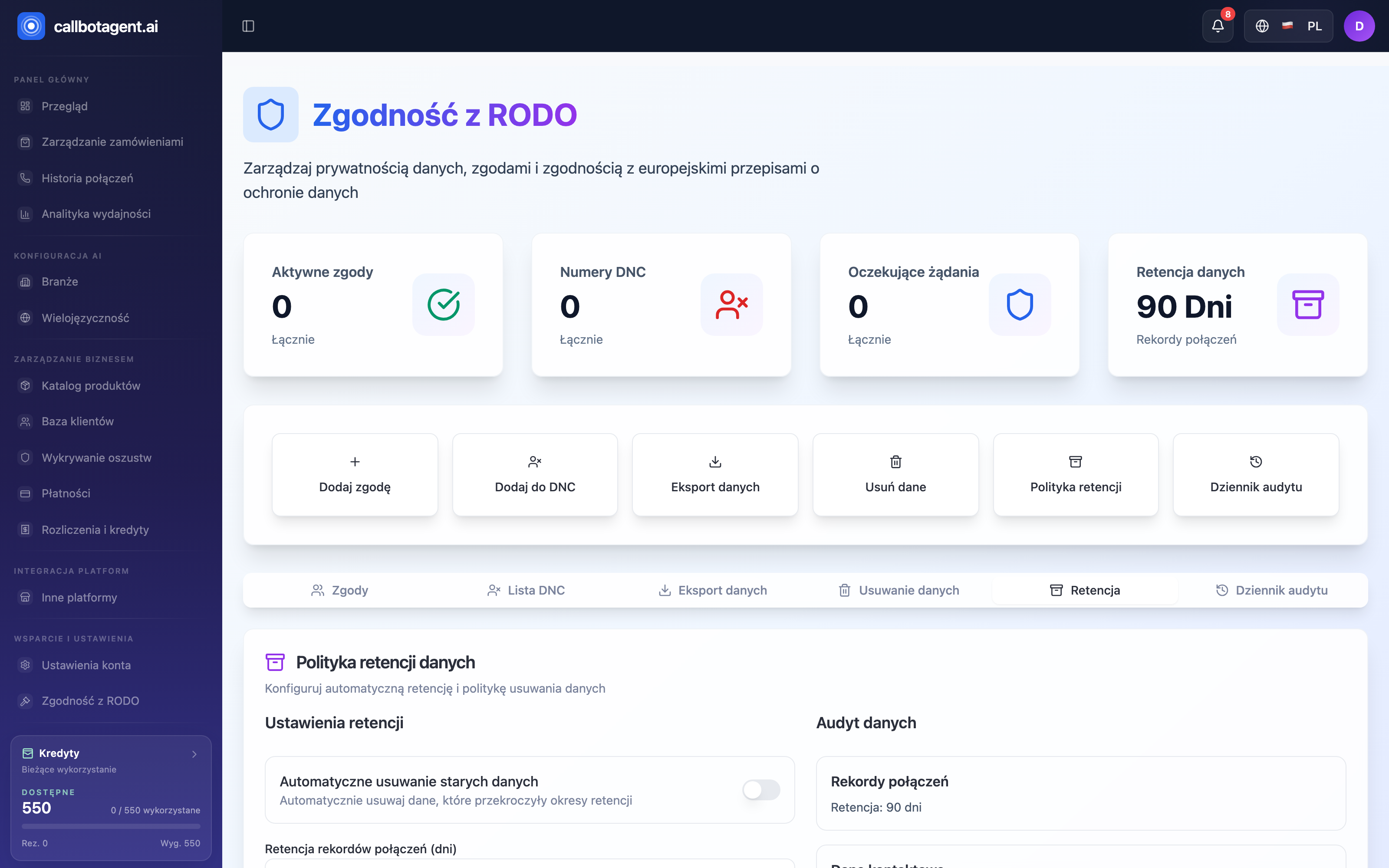 Zgodność z RODO — zakładka Retencja