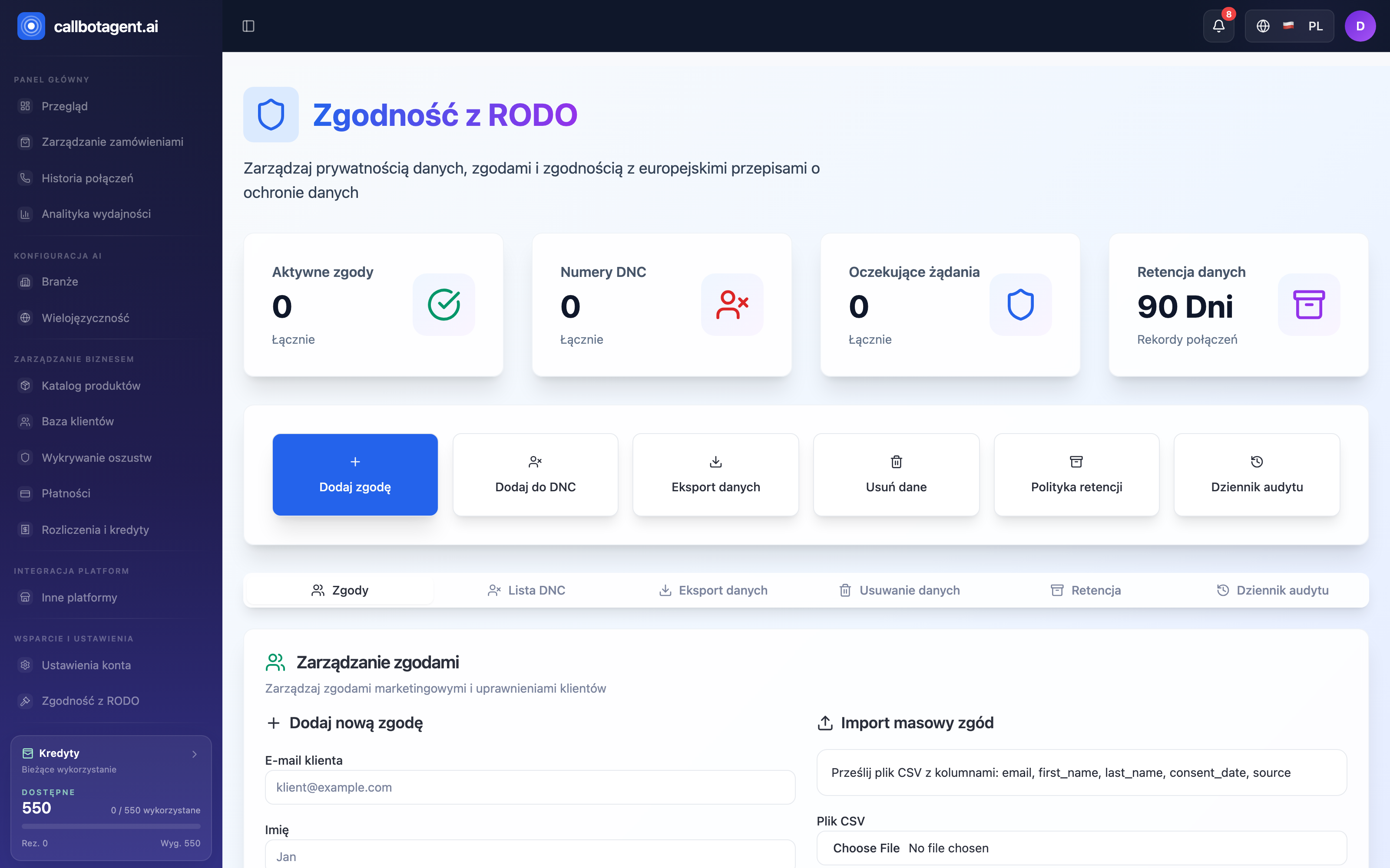 Moduł Zgodność z RODO — zakładka Zgody