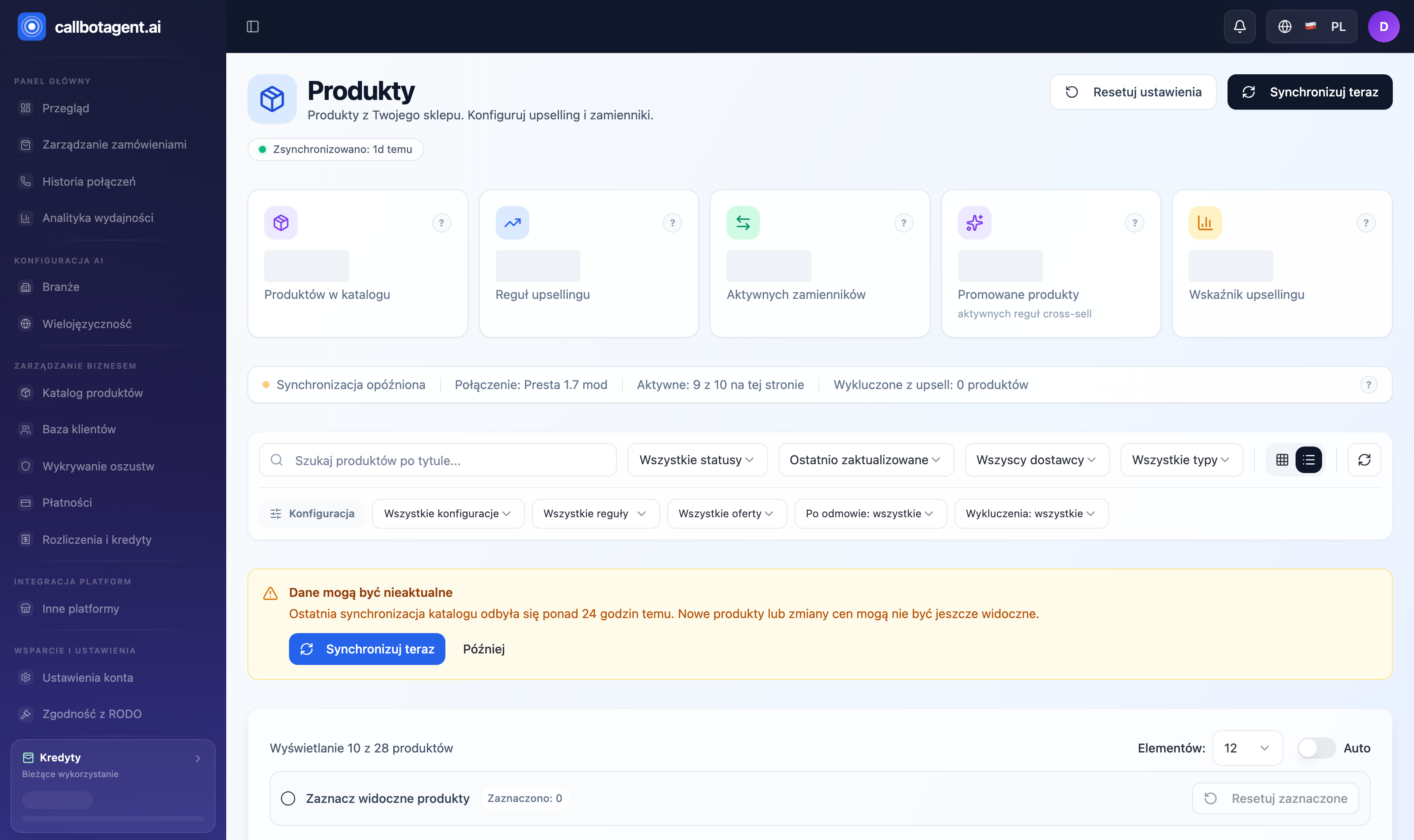 Product list in CallBotAgent panel