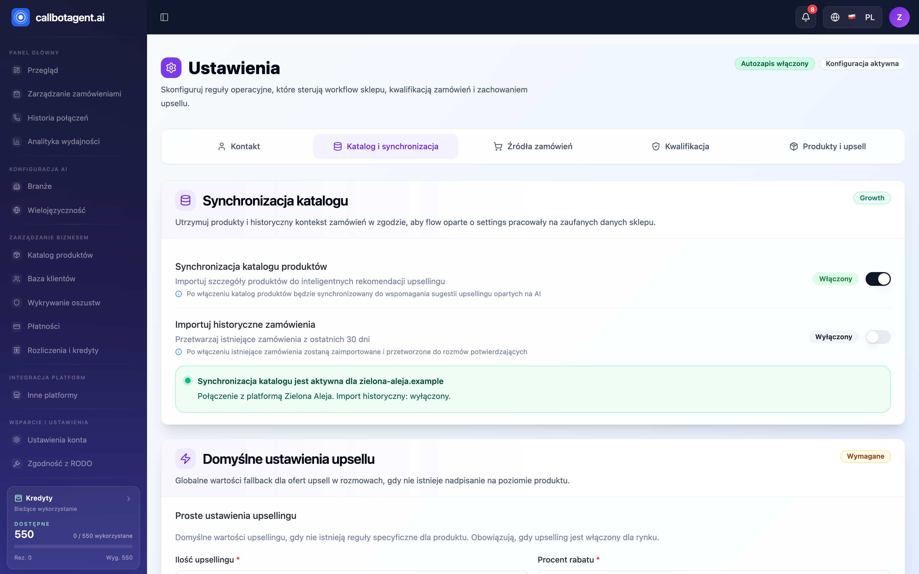 Settings — Catalog and sync tab