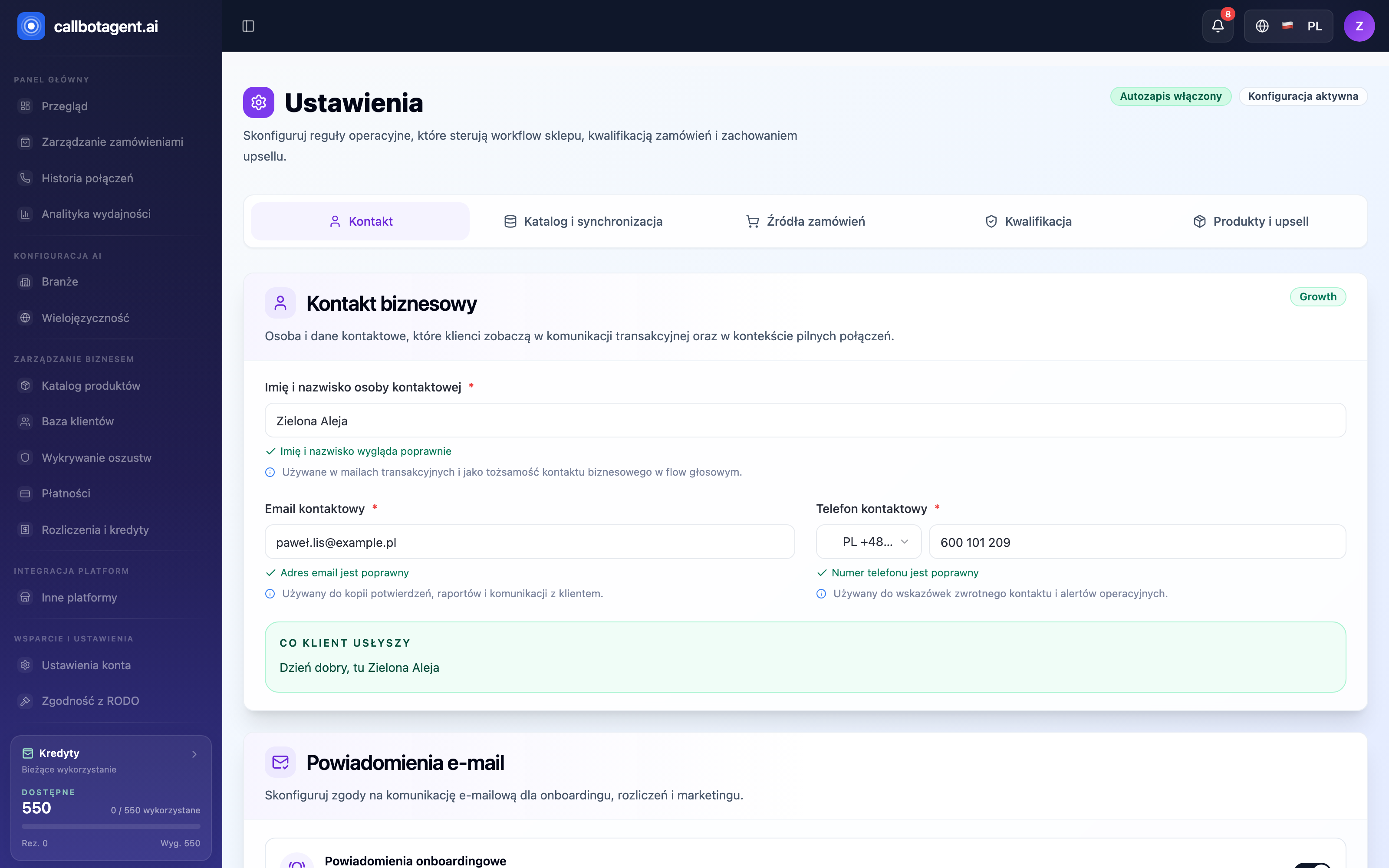 Settings — Business contact tab